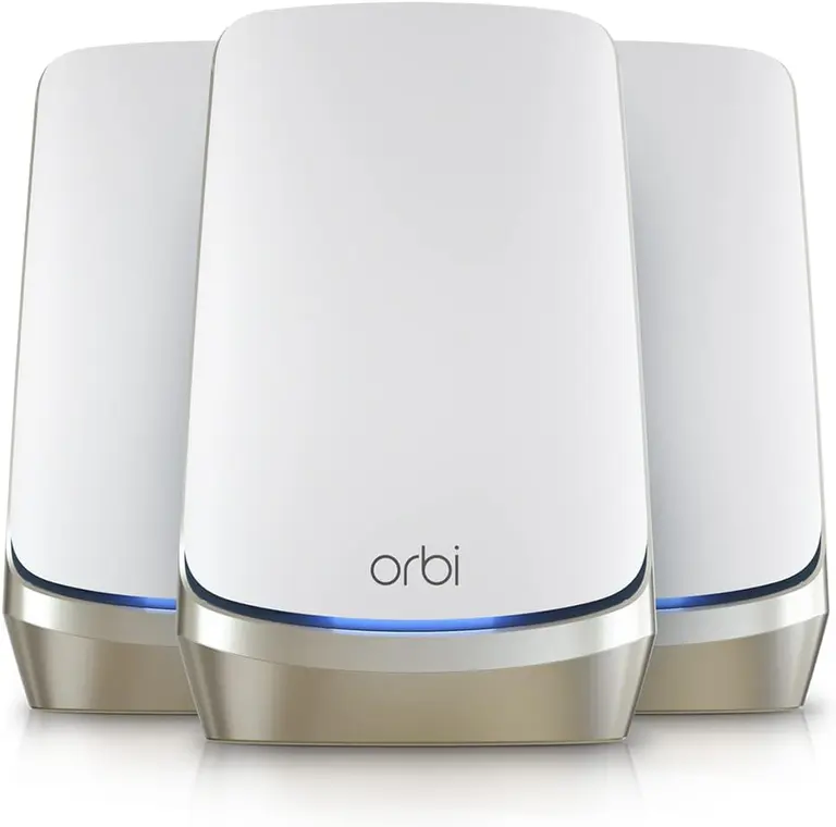 NETGEAR Orbi Quad-Band WiFi 6E Mesh Network System (RBKE963), Router + 2 Satellite Extenders, Security Features, Up to 10.8 Gbps, Coverage up to 9,000 sq. ft., 200 Devices, 10 Gig Internet Port