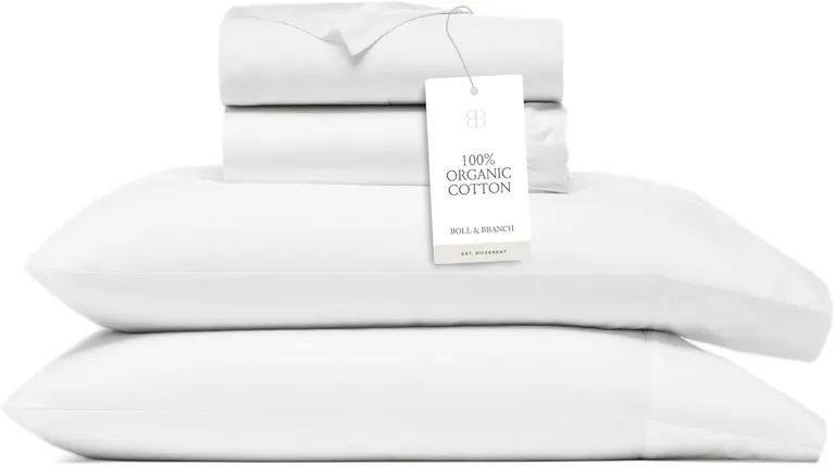 BOLL & BRANCH Signature Hemmed Sheet Set - Queen, White - Luxury 100% Organic Cotton - Includes 1 Flat, 1 Fitted, 2 Pillowcases - Buttery Soft
