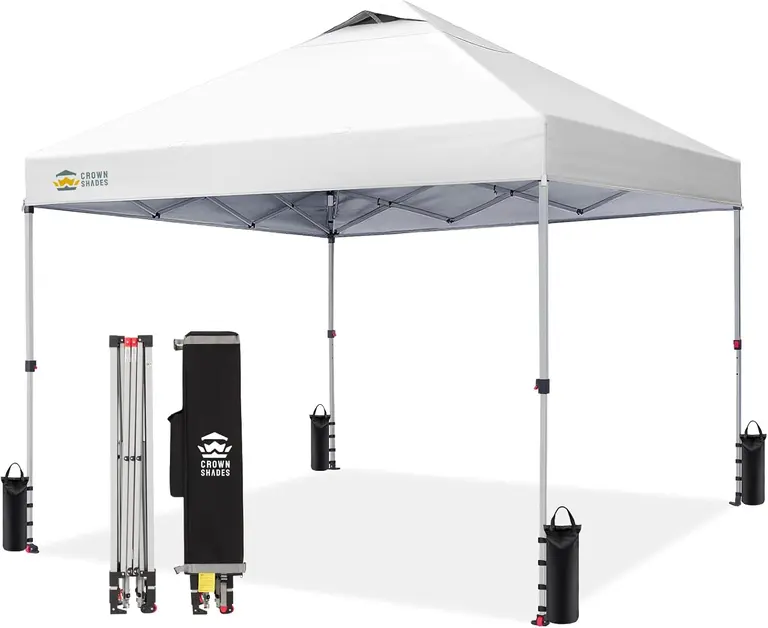 CROWN SHADES 10x10 Pop Up Canopy, Patented CenterLok One Push Tent Canopy, Newly Designed STO-N-GO Storage Bag, 8 Stakes, 4 Ropes (10x10, White)