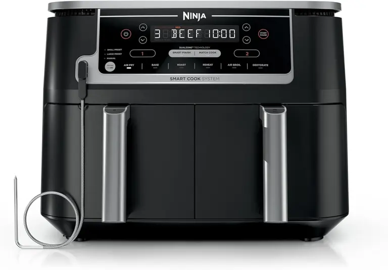 Ninja DZ550 Foodi 10 Quart 6-in-1 DualZone Smart XL Air Fryer with 2 Independent Baskets, Smart Cook Thermometer for Perfect Doneness, Match Cook and Smart Finish to Roast, Dehydrate and More, Black