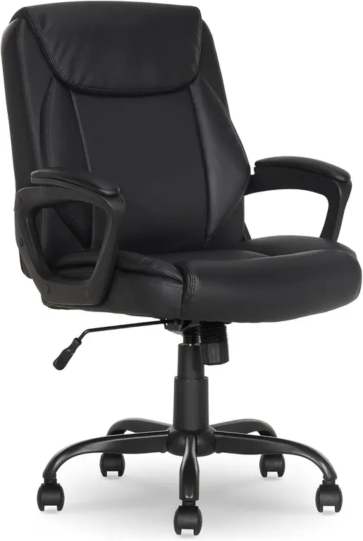 Amazon Basics Classic Puresoft PU Padded Mid-Back Office Desk Chair with Armrest, Easy Assembly, Sturdy Metal Base, Wheels, 275lb Support, 26"D x 23.75"W x 42"H, Black