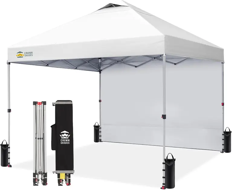 CROWN SHADES 10x10 Pop Up Canopy with 1 Side Wall - Beach Tent with One Push Setup - Outdoor Sun Shade for Events, Parties, Camping - Gazebo with STO-N-Go Cover Bag (White)