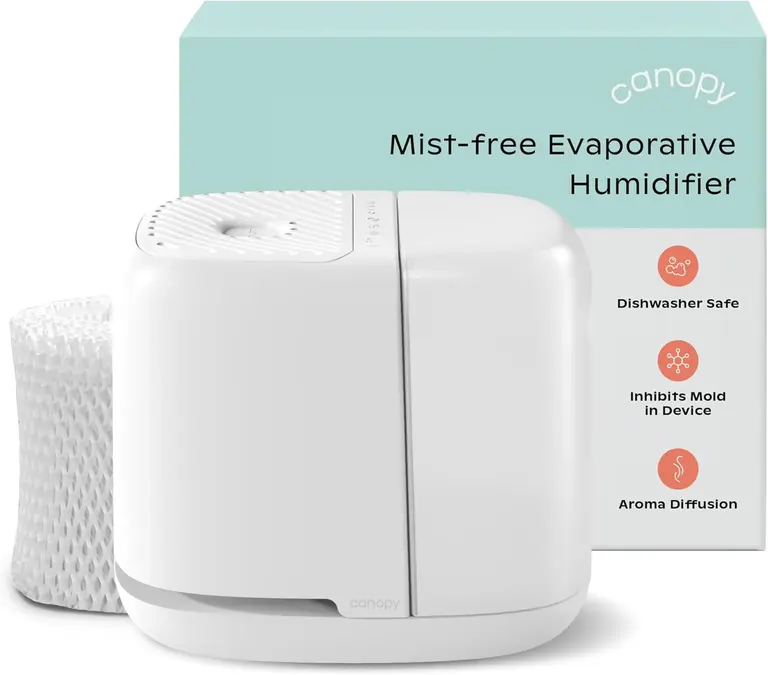 Canopy Bedside Humidifier 2.0, White, 36 HR Run Time, 2.5L Capacity - Reading Light & White Noise - Alleviate Symptoms of Allergies, Flu, Cold, Dry Skin - Humidifier, Filter, Power Cord & Adapter
