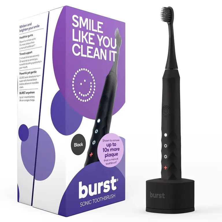 Burst Original Sonic Electric Toothbrush for Adults (Black) | Rechargeable Electric Sonic Toothbrush | Soft Bristle Deep Clean Stain & Plaque Removal | 3 Modes: Teeth Whitening, Sensitive & Massage
