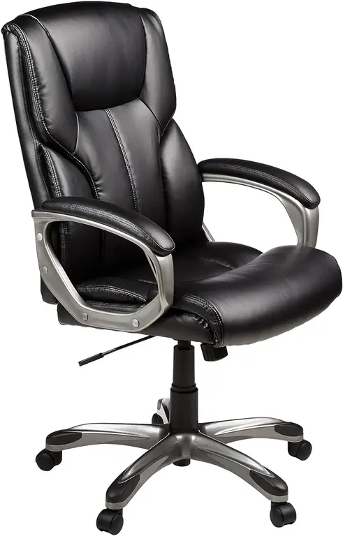 Amazon Basics Executive High Back Office Chair, Adjustable Height, Tilt, Swivel, Padded Seat, Bonded Leather, Wheels, Black/Silver