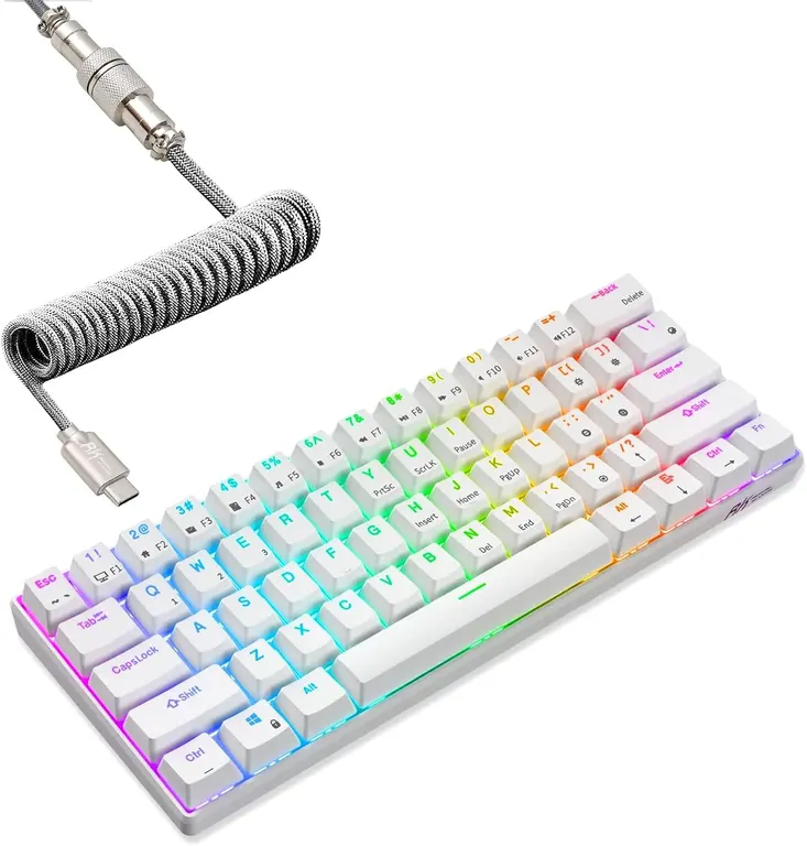 RK ROYAL KLUDGE RK61 60% Mechanical Keyboard with Coiled Cable, 2.4Ghz/Bluetooth/Wired, Bluetooth 61 Keys, Wireless RGB Hot Swappable Brown Switch Gaming Mini Keyboard with Software - White
