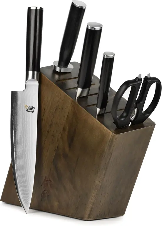 Shun Classic 6-Piece Knife Block Set | Chef's, Paring, Santoku | Includes 8" Chef's, 3.5" Paring, 7" Santoku Knife & Kitchen Shears, Damascus Stainless Steel Cladding, Pakkawood Handle