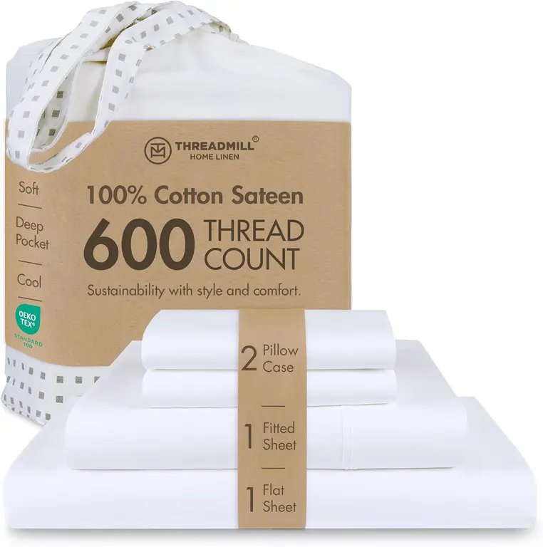 Threadmill 100% Cotton Sheets for Queen Size Bed - 600 Thread Count Queen Bed Sheets Set with 16” Deep Pocket - Sateen Weave 4-Piece Bedding Set with Cooling Effect, White
