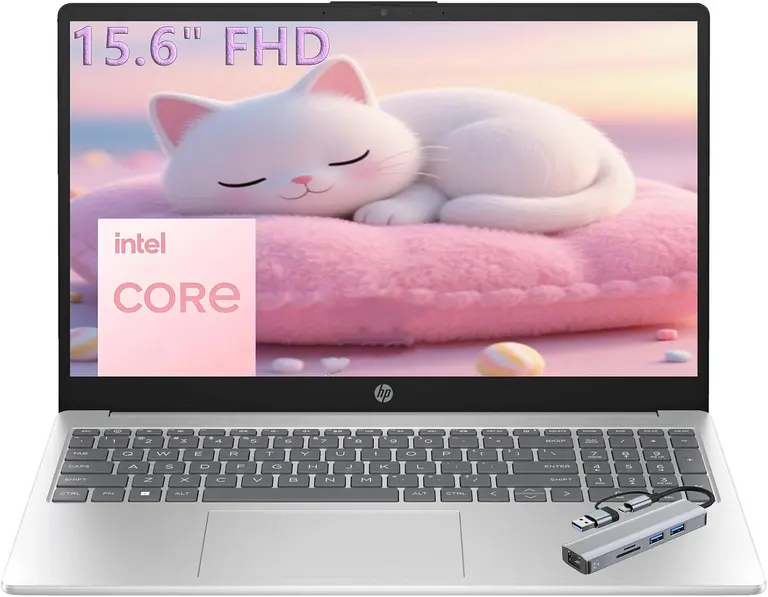 HP 15.6" FHD Laptop 2026 Edition with Copilot AI, 8GB RAM, 256GB SSD, Intel Processor, Long Battery Life, Lightweight 3.64 lbs, Microsoft 365, Windows 11 for Students & Office, with 5 in 1 hub