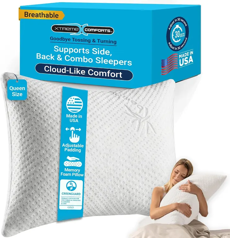 Xtreme Comforts Memory Foam Pillows | GREENGUARD Certified Adjustable Shredded Foam Fill for Personalized Support | Bed Pillows for Side, Back & Stomach Sleepers | Removable Cover | Queen Size Pillows