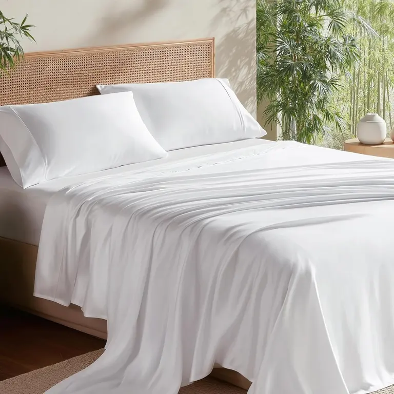 Bedsure PureWoven 100% Rayon Derived from Bamboo, Queen Sheets, 4 Pieces | Cooling Sheets for Hot Sleepers, Breathable & Silky Soft, 16" Deep Pocket, Hotel Luxury Bedding, White
