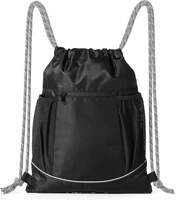Amazon Basics Drawstring Lightweight Gym Bag Soccer Backpack with Zipper Pouch, Mesh Side Pockets for Water Bottle, Large, Black